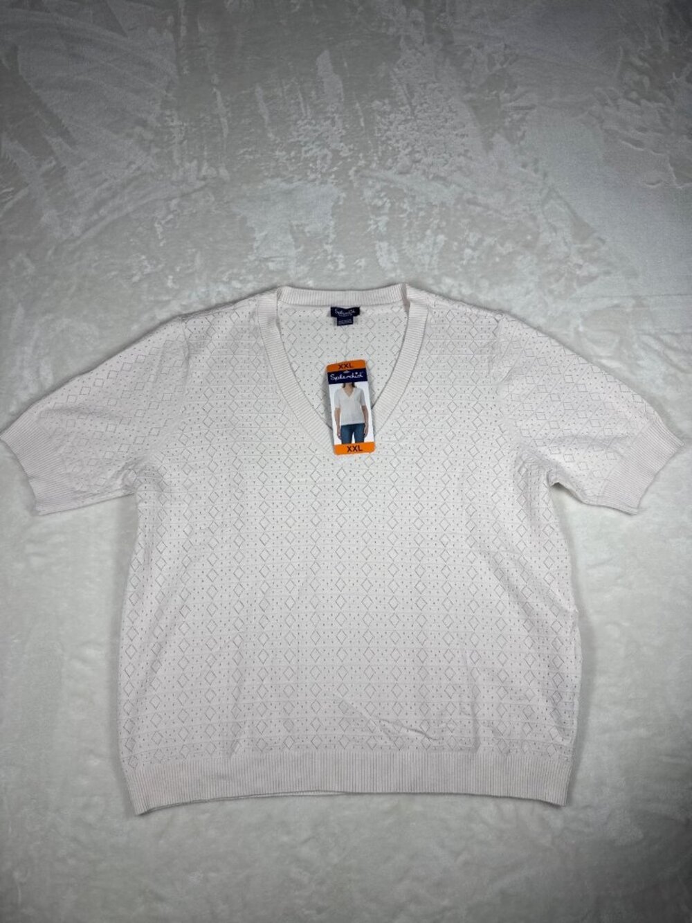 Splendid Womens White Short-Sleeve V-Neck Sweater XXL Diamond Eyelet Knit - Picture 2 of 8